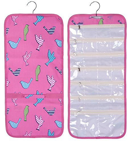 101 BEACH Hanging Travel Jewelry Roll Organizer for Women Teens Girls (Pink Bird)