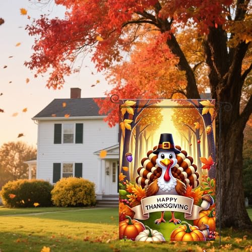 Image of Nuxovilar Welcome Garden Flag Fall Garden Flag 12x18IN | Turkey Pilgrim Hat Double - Side For Thanksgiving Decor Fall Yard Patio Porch Decor