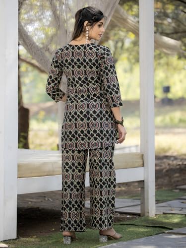 Pinkmint Pure Cotton Co Ord Set For Women L Flower & Leaf Pattern Set L 3/4 Sleeve Co Ord Set