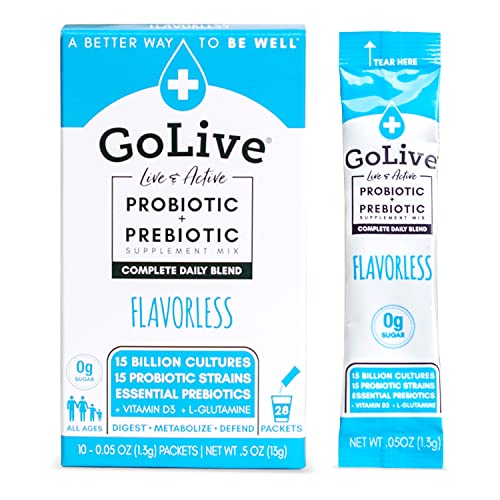 GoLive Probiotics & Prebiotics FLAVORLESS/SUGARLESS Synbiotic Powder, Probiotics + Prebiotics for Women, Men & Kids +15 Billion CFUs, 15 Clinical Strains for Immune & Digestive Health. 28's pack