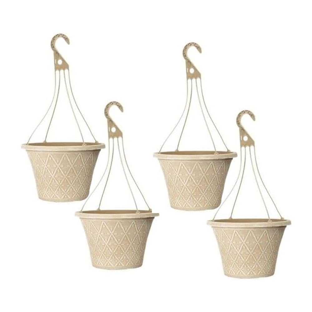 Shopior Cream Prisma Hanging Basket - Decorative Round Garden Flower Plant Pot | Flower Outdoor Decorative Planter – Weatherproof Plastic With Drainage Holes –For Gardens & Balconies (Powdered Ginger- 30Cm, 4Pack)