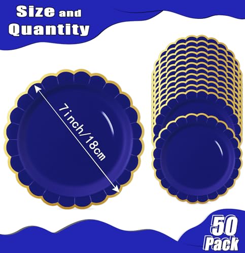 Image of HEIPINIUYE 50 Pieces Blue Paper Plates with Gold Foil 7 Inch Disposable Blue and Gold Scalloped Dinner Plates for Wedding Baby Shower Birthday Party Dessert Plate