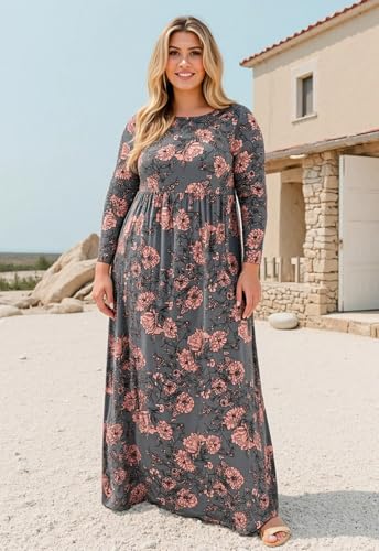 Image of Nemidor Plus Size Maxi Dress for Curvy Women Fall Casual Loose Long Sleeve Dresses with Pocket 14-26