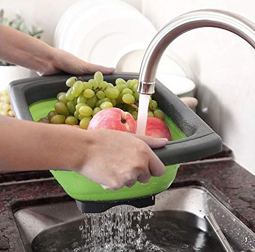 Kri N Sha Silicone Vegetable Fruit Wash Tray Foldable Food Drainer Basket Adjustable & Collapsible Washing Strainer Basket with Retractable Handles for Home and Kitchen Multicolor