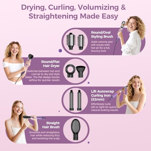 Image of Vincofy 7‑in‑1 Hot Air Brush Set, Interchangeable Hair Styling Tools for Home Use, Purple