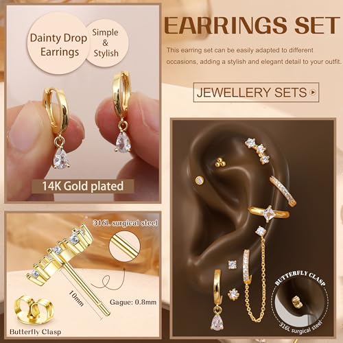 Small Gold Hoop Earrings Set for Women - 14K Gold Plated Hypoallergenic Huggie Hoop Studs Earring Stacks for Sensitive Ears - Cartilage Earring Sets for Multiple Piercing 8 Pairs4