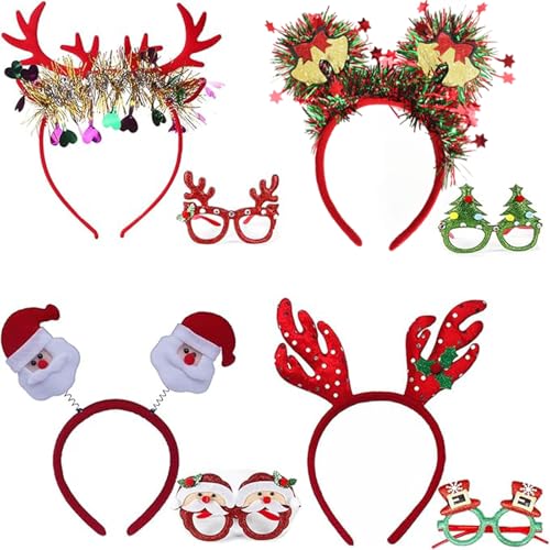 AOMAIGAD 4 Piezas Diadema de Navidad y 4 Piezas Marcos de Gafas de Navidad,Diadema Navideña,Monturas de Gafas Navideñas,Juego de Fiesta Navideña para Niños y Adultos para Disfraces
