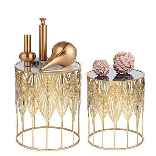 Joveco End Tables Set Of 2- Gold Round Coffee Tables Leaves Nightstands Stools- Accent Nesting Side Tables For Living Room Bedroom And Entryway #TOP15