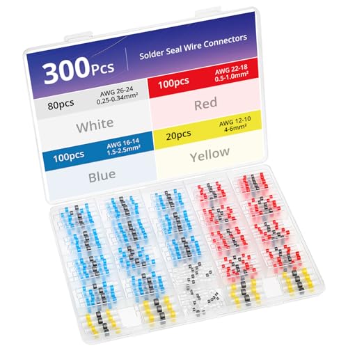 QWORK® 300Pcs Connecteurs de Soudure Étanches en 4 Tailles (26-10 AWG) - Cosses Thermorétractables 3:1, Isolés et Colorés pour Identification Facile,...