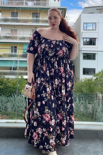 Image of RITERA Plus Size Dresses for Curvy Women Square Neck Short Sleeve Summer Floral Smocked Maxi Dress with Pocket XL-5XL