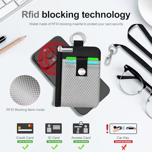 Image of Minimalist RFID Blocking Small Wallet with ID Window,WaterResistant Zip Id Case Wallet with Lanyard Keychain for Cards,Cash,Travel,Women,Men (Light gray /Black)