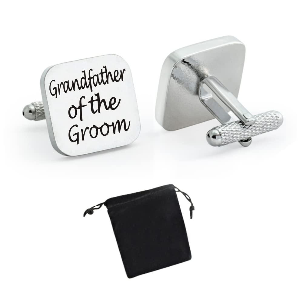 Virens Empourium Men's Silver + Black Printing Title - Cufflinks, Square Silver Wedding Cuff Links, Smart And Elegant Look, Best Man, Groom, Usher, Page Boy, Dad, Brother, And More Cufflink Titles (Grandfather Of The Groom)