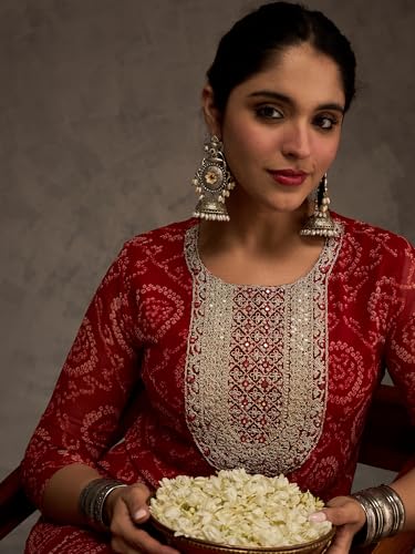 Image of INDO ERA Women's Georgette Leheriya Printed Straight Calf Length Kurtas (IEAI12232)
