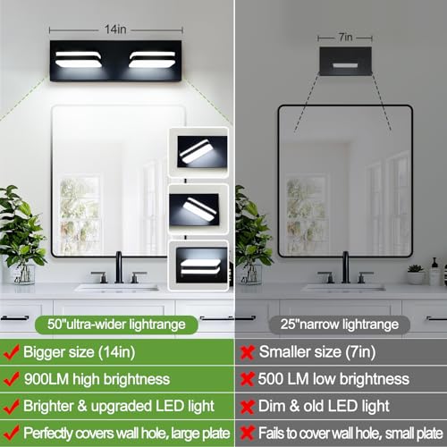 Image of Torondo 360 Rotate LED Bathroom Vanity Light Fixtures, Acrylic Vanity Lights for Bathroom, Modern Wall Lighting Fixtures Over Mirror Living, Matte Black, Natural White, 2-Light, 14-Inch
