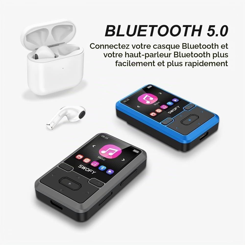 SWOFY Lecteur MP3 Bluetooth 5.0 avec clip sport, lecteur de musique mini portable 32 Go avec écouteurs, radio FM, compteur de pas, enregistrement vocal, prend en charge une carte SD jusqu'à 128 Go