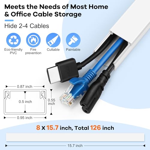 Image of 126in(8 x L15.7in) Cord Hider Kit, Wire Covers for TV on Wall, Paintable Cable Management Kit, Cable Cover for Mounted TV, Hide Wires Along Wall, Grey Cord Cover, W0.95in H0.55in