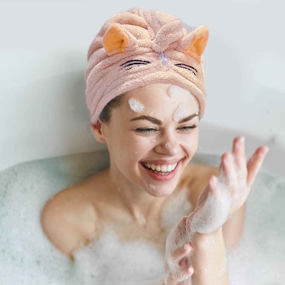 BATTILO PTY Funny Cat Microfiber Hair Towel Wrap for Girls Women Kids, Rapid Drying Towel Absorbent Hair Turbans for Wet Long Curly Hair with Button (Coral Pink)