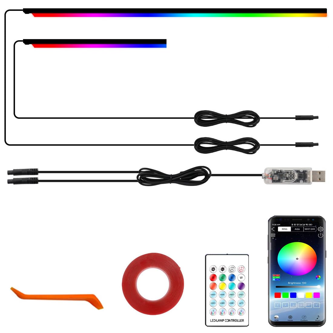 Kit di strisce LED per illuminazione interna dell'auto, in acrilico, 2 in 1, 110 cm + 35 cm, con controllo tramite app, 16 milioni di colori, 210 modalità per decorazione abitacolo e cruscotto.