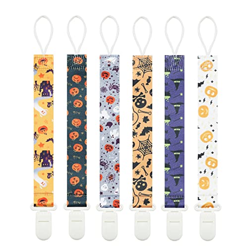 Image of Babeine Halloween Pacifier Clips, 6 Pack Binkie Paci Holder Clips for Boys and Girls Fits for Most Pacifiers, Teethers & Toys and Holiday Gift(Bone,Skull,Ghost,Pumpkin)