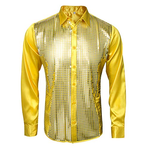 AMNPOLEN Mens Metallic Shiny Nightclub Costume Sequins Snakeskin Shirt Long Sleeve Slim Fit Button Down 70s Disco Party Fancy Dress Props (Smalll, Yellow)