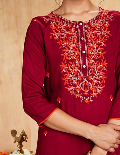 Image of Amazon Brand - Myx Women Embroidered Straight Fit Kurta (Available in Plus Sizes)