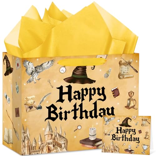 Hooqict Magical Wizard Gift Bag Happy Birthday Gift Wrapping Bag with Handles Tissue Paper and Greeting Cards for Kids Girls Boys Wizard Birthday Party Supplies Halloween Party Favors