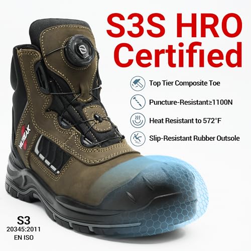 Image of Composite Toe Work Boots for Men and Women - Exceeds Steel Toe Protection, Quick Fit System, Kevlar Puncture-Resistant Midsole, S3 HRO Certified, Heat-Resistant, Waterproof, Rubber Slip-Resistant Outsole, Safety Shoes for Industrial & Welding Use