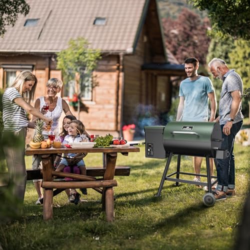 Wood Pellet Grill & Smoker 8-in-1 Pellet Grill with Automatic Temperature Control, & Rain Cover 456 Sq in Area for Backyard Camping Outdoor