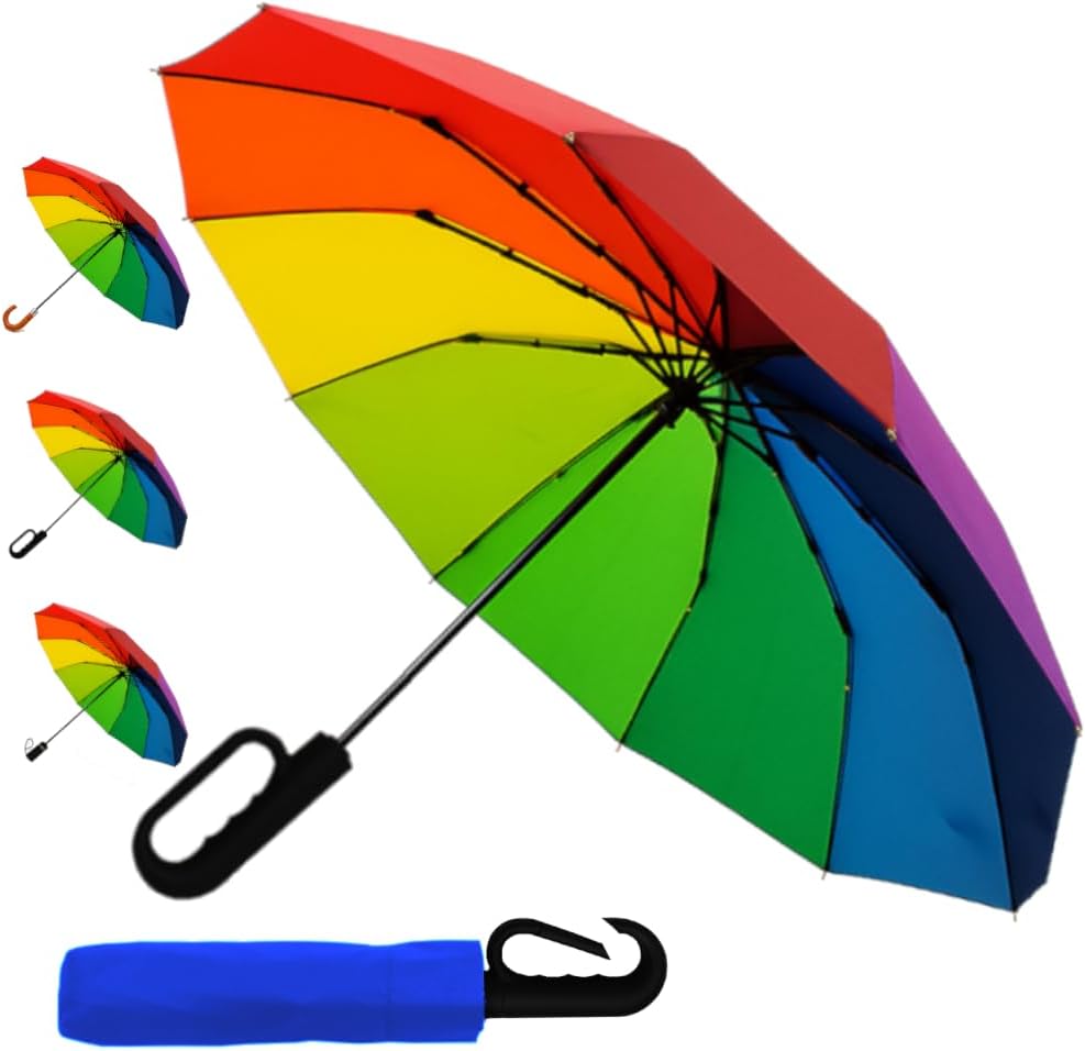 COLLAR AND CUFFS LONDON Rare 12 RIB Compact Rainbow Umbrella for Rain - 50MPH - Best for Auto Open Close - Strong Windproof Frame with Fiberglass - Travel Backpack Multicoloured Bright