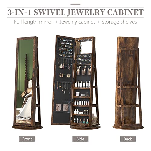 LVSOMT-360-Swivel-Jewelry-Cabinet-with-Full-Length-Mirror-Lockable-Jewelry-Organizer-Tall-Large-Freestanding-Mirror-Jewelry-Armoire-Mirror-with-Jewelry-Storage-Rear-Storage-ShelvesRetro-Brown