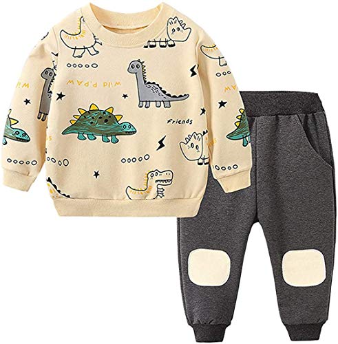 DESTURE Toddler Baby Boy Clothing Sets Little Dinosaur Space Printed Long Sleeve Tops and Pants Kids 2pcs Outfits Beige 90
