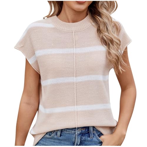 Womens Summer Cap Sleeve Tops Casual Crew Neck Loose Fit Knit Lightweight Sweater Pullover Top Color Block Shirts