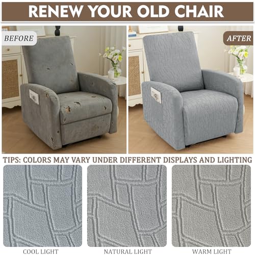 Image of ZNSAYOTX 100% Waterproof Recliner Chair Covers, 3-Piece Stretch Fit Recliner Slipcovers with Buckle & Elastic Band for Lazy Boy, Stay in Place, Soft Plaid Jacquard Protector (Small, Light Grey)