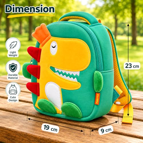 Image of WISHKEY Dinosaur Bag for Pre-Schoolers Kids, Water Resistant Mini Lightweight Backpack for Kids, Small Size Bag for Play School & Nursery Kid's, Picnic Bag, Travel, Green, 1-4 Years (Pack of 1)