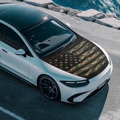 Image of American Flag Green Camo Design Car Hood Cover Protector Waterproof Sun-Proof Auto Hood Flag 4th of July Patriotic Decorations Automotive Exterior Accessories