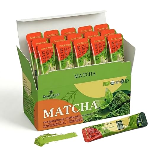 ZenRitual Organic Matcha Sticks, 20 Single Serve Packets, Ceremonial Grade Matcha Powder, USDA...