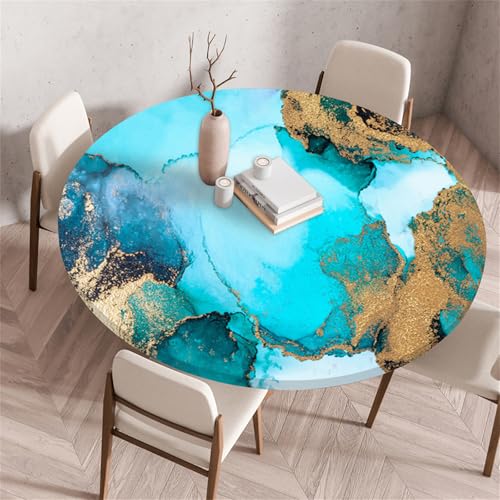 Muiuou Waterproof Elastic Fitted Round Tablecloth,Marble Printing Reusable Waterproof Oil-Proof Edged Protector Round Tablecloth,for Fitted Kitchen Restaurant Picnic (Diameter 130cm,Marble 1)