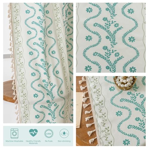 Image of Boho Curtains 45 Inch Long for Living Room, Bedroom,Sky Blue on White 2 Panels Floral Farmhouse Vintage Tassel Semi Sheer Light Filtering Privacy Window Curtain Drapes with Rod Pocket