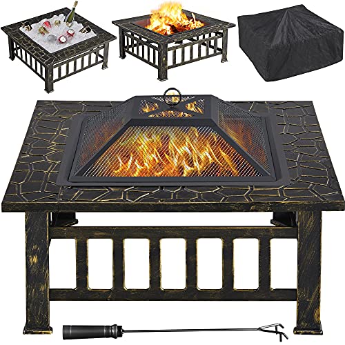 Yaheetech 32'' Outdoor Square Fire Pit Metal Garden Stove Brazier For Barbecue/Heating/Cooling Drinks with Cover & Poker, Bronze Yaheetech 32'' Outdoor Square Fire Pit Metal Garden Stove Brazier For Barbecue/Heating/Cooling Drinks with Cover & Poker, Bronze