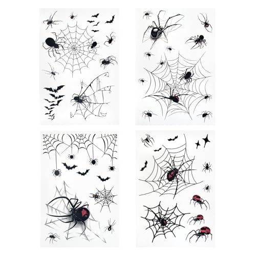 Oblique Unique Tattoo Set Spinnen mit Netz 4 Bögen Temporäre Tattoos für Halloween Geburtstag Kinder Grusel Motto Party