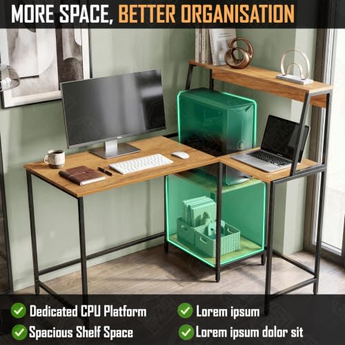 Image of ABOUT SPACE Study Table -L-Shaped Computer Table with Tower & Bottom Storage -Metal Frame Gaming Desk with CPU Stand-Office Desk for Laptop, PC-Engineering Wood (Teak - L 114 x B 89 x H 117cm)