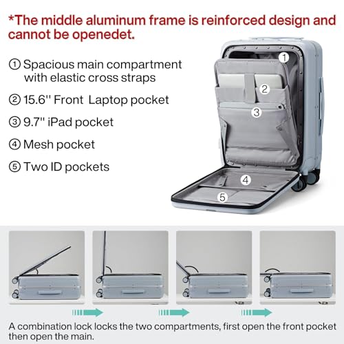 Image of Hanke Carry On Luggage Hardside Suitcase with Wheels & Front Opening, 20in 24in 26in Large Luggage Aluminum Frame PC Rolling Suitcases Travel Bag TSA Lock, Grey(with laptop compartment), 20 Inch, 20 Inch Carry on Luggage Hard Shell Suitcases With Wheels