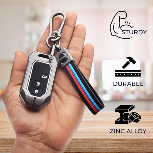 Image of KEYCEPT Metal Keycover for Suzuki Swift, Dzire, Ertiga, Brezza, Fronx, Jimny, Ignis, Rumion, Hyryder, E-Vitara, Victoris 3 Button Smart Key with Keychain (Long Keychain).