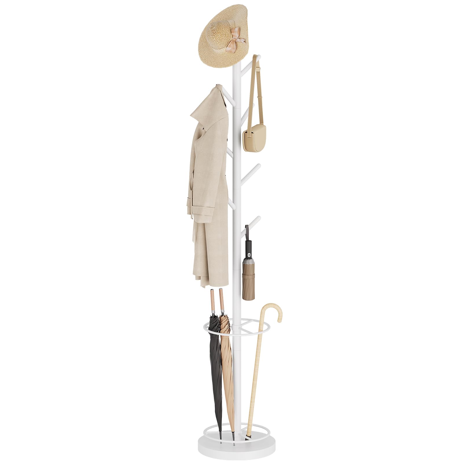 YATINEY Appendiabiti ad Albero con Portaombrelli, Attaccapanni da Terra 179 cm Autoportante per Ingresso e Corridoio, Appendiabiti Multilivello per Cappelli Borse Giacche, Bianco XYM03WW