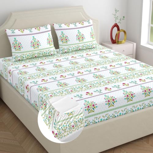 Image of Home Ecstasy 100% Cotton King Fitted Bedsheet with 2 Pillow Covers - (Size 72 x 78 inches, 140 TC, Colour - Green)