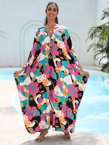 Image of IMAGEKOPE Women's Plus Size Animal Print V-Neck Batwing Kaftan Beach Dress Bathing Suit Cover-Up Loungewear