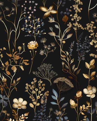 Vintage Black Gold Floral Peel and Stick Wallpaper 17.5' x 393' Dark Boho Leaf Colorful Contact Paper For Bathroom Bedroom Mural Cabinet Vinyl Waterproof Removable Farmhouse Art Dorm Renter Friendly