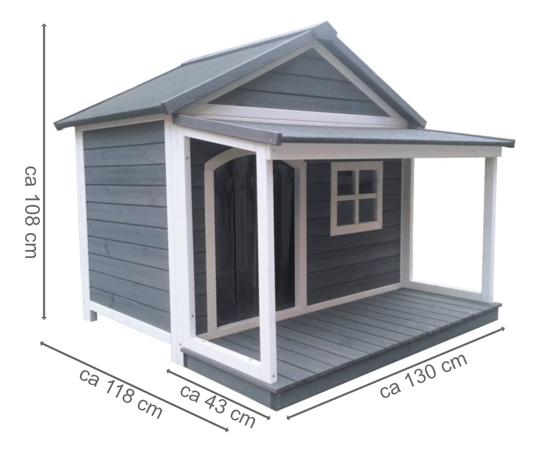 Outdoor Hundehütte Massivholz, isoliert, Satteldach, 130x118x108 | Mit praktischem Vordach, Terrasse und Fenster für mehr Komfort und Schutz.