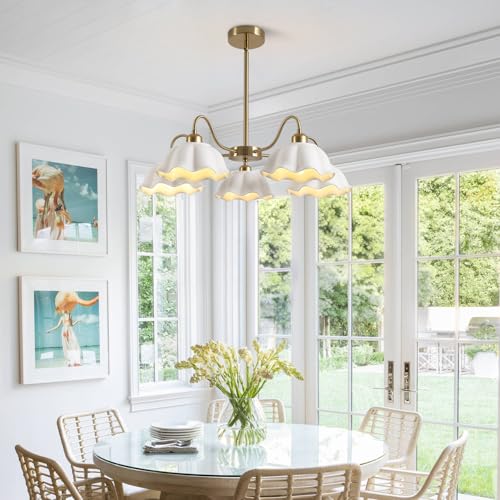 Image of 5-Light Gold Sputnik Chandelier Semi Flush Mount Chandelier Mid Century Modern Sputnik Chandelier with White Ceramic Shade Living Room Finish Brass Chandelier