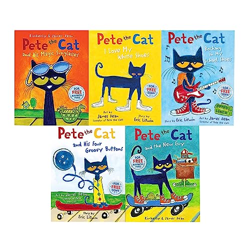 Image of Pete the Cat Series 5 Books Collection Set (Pete the Cat I Love My White Shoes, Rocking in My School Shoes, His Four Groovy Buttons, His Magic Sunglasses & The New Guy)